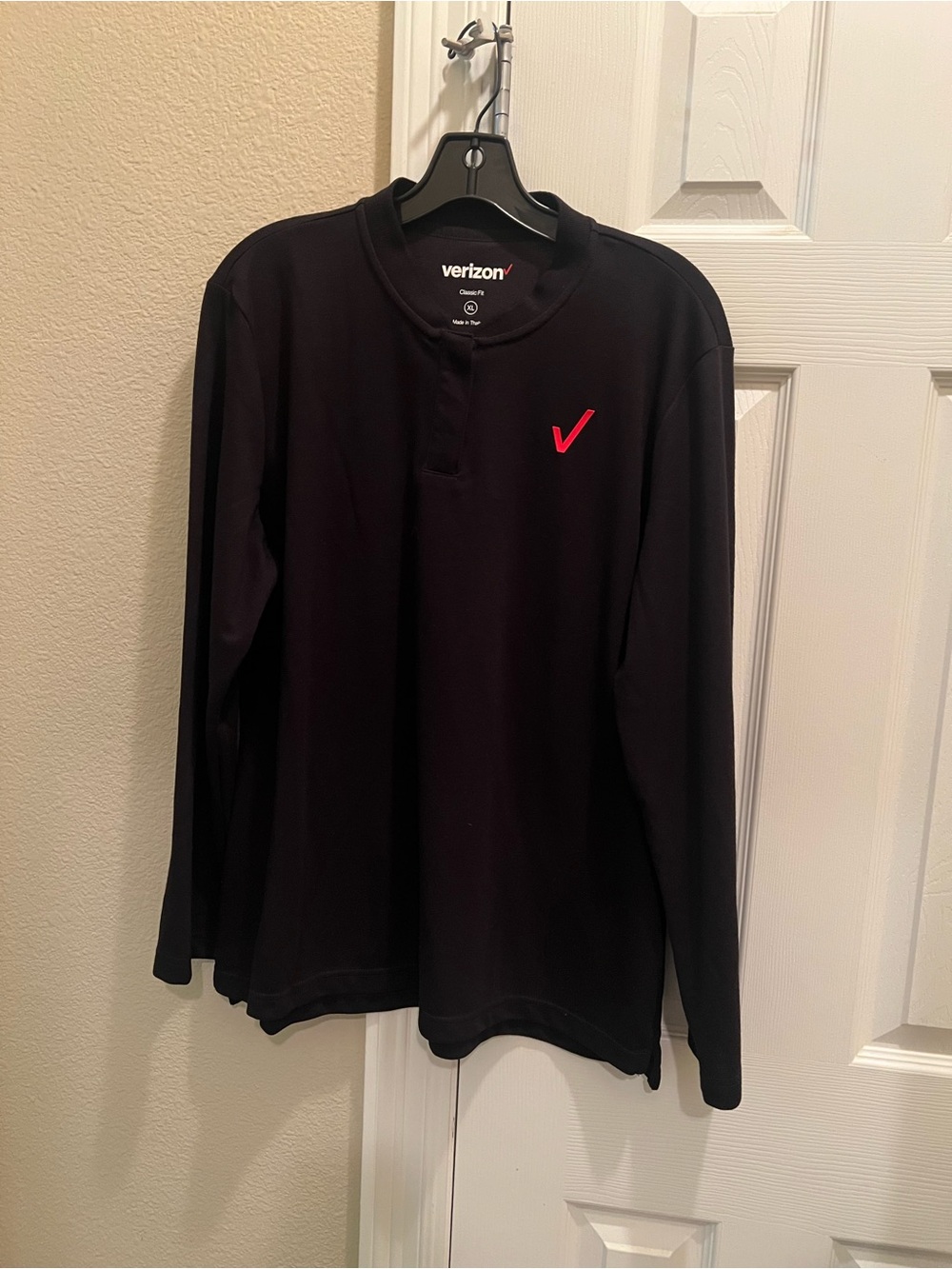 Men's Black Long-Sleeve Henley Shirt with Red Logo